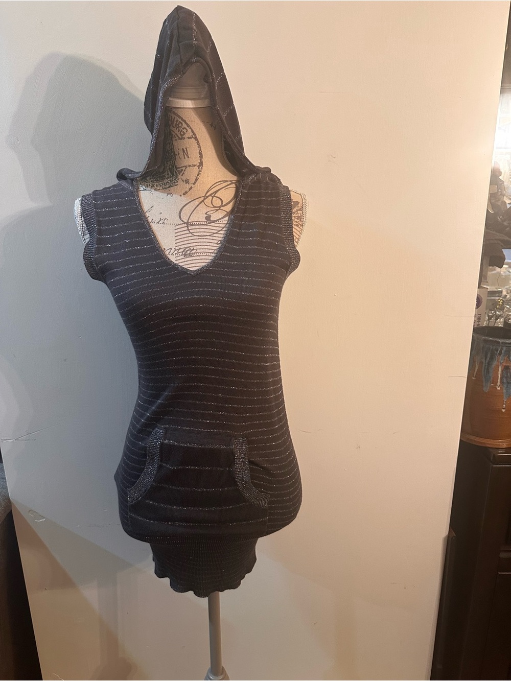Sleeveless Hooded Tunic Top in Charcoal with Stripe Detail